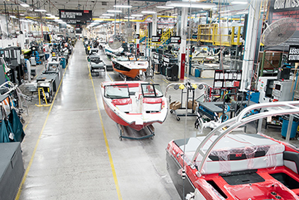 Boats in the assembly line at the MasterCraft factory